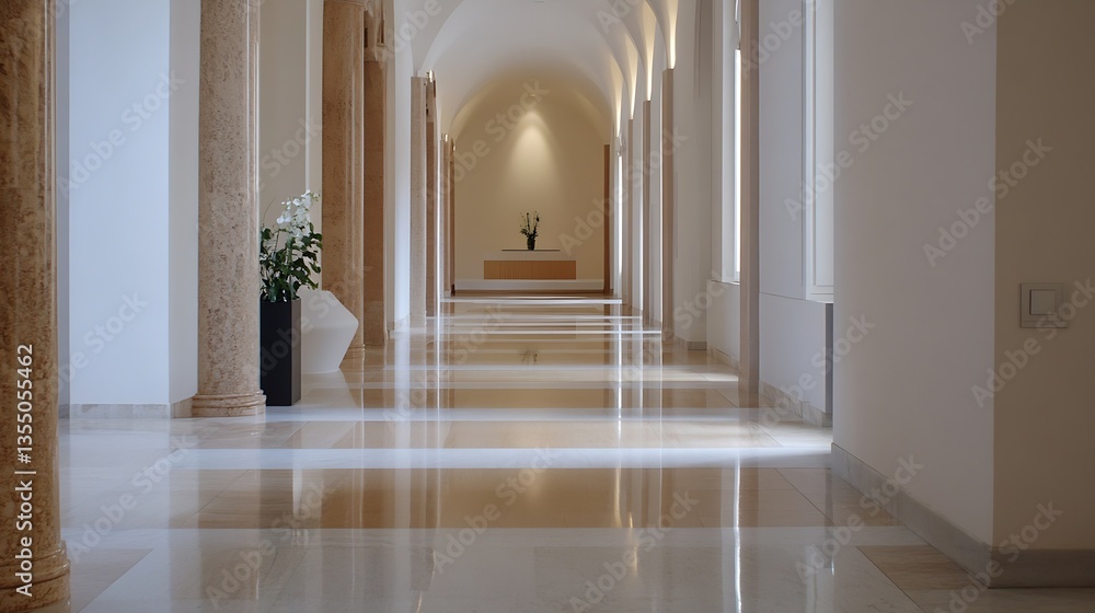 Poster elegant hallway with soft lighting and modern design featuring indoor plants : generative ai