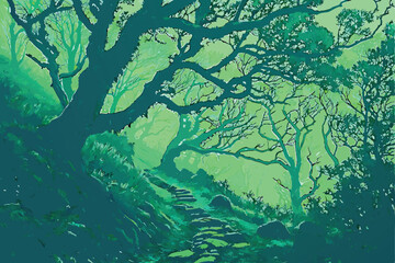 23 Mystical ancient forest, twisted moss-covered trees, ethereal green light, misty atmosphere, dense foliage, otherworldly landscape, enchanted woodland, magical forest path, diffused sunbeams, fanta