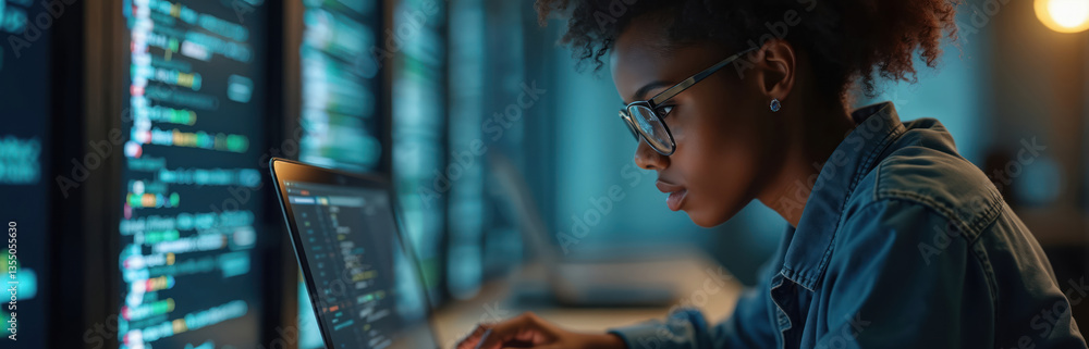 Leinwandbilder black female software engineer coding on laptop. she wears glasses, working in modern office. woman 