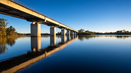 Picturesque river bridge reflecting on still waters under clear blue sky : Generative AI