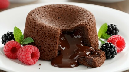 Molten chocolate cake with raspberries, blackberries, and mint on white plate. Delicious dessert, indulgence, gourmet, culinary treat.