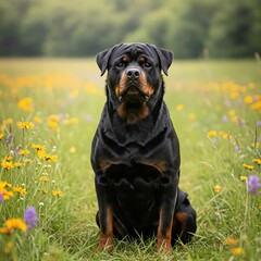 Obraz premium Strong Rottweiler Sitting on Green Grass