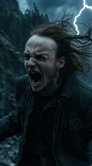 A person screams in the rain. AI.