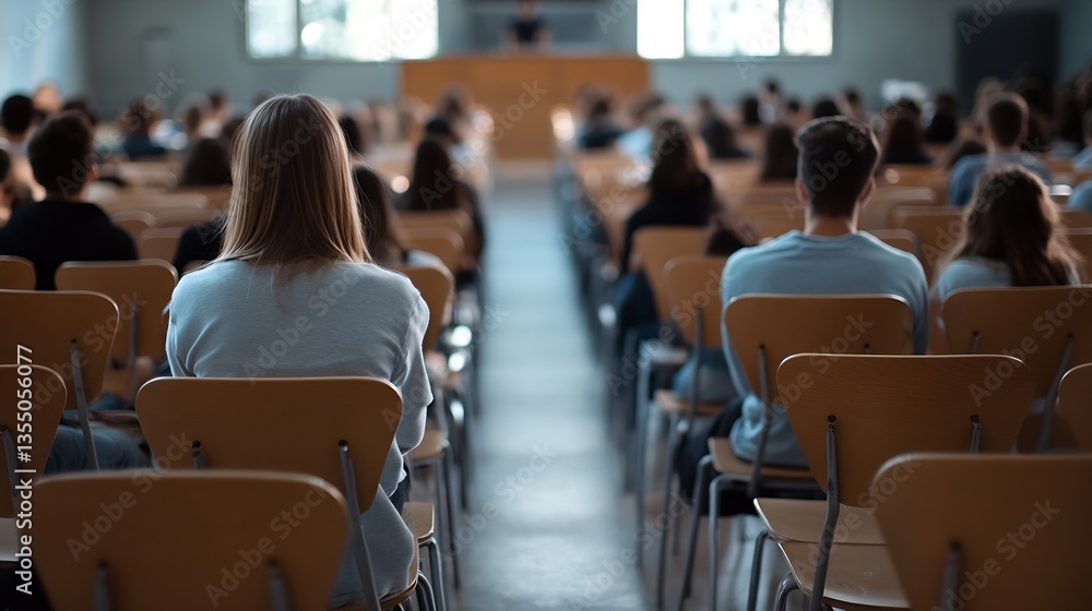 Poster Engaged students in a lecture hall attentively listening to the instructor delivering an educational session : Generative AI