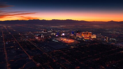 Obraz premium Las Vegas awakens at dawn, a breathtaking cityscape glowing with a fiery sunrise against the backdrop of distant mountains, in a captivating aerial view.