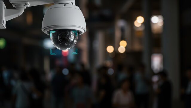 Security camera with detection scans crowd indoors. Focus on technological safety systems, protection of public, modern crime prevention.
