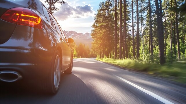 Dynamic Capture of Car Driving Through Scenic Green Forest Road with Sunlight : Generative AI - Powered by Adobe