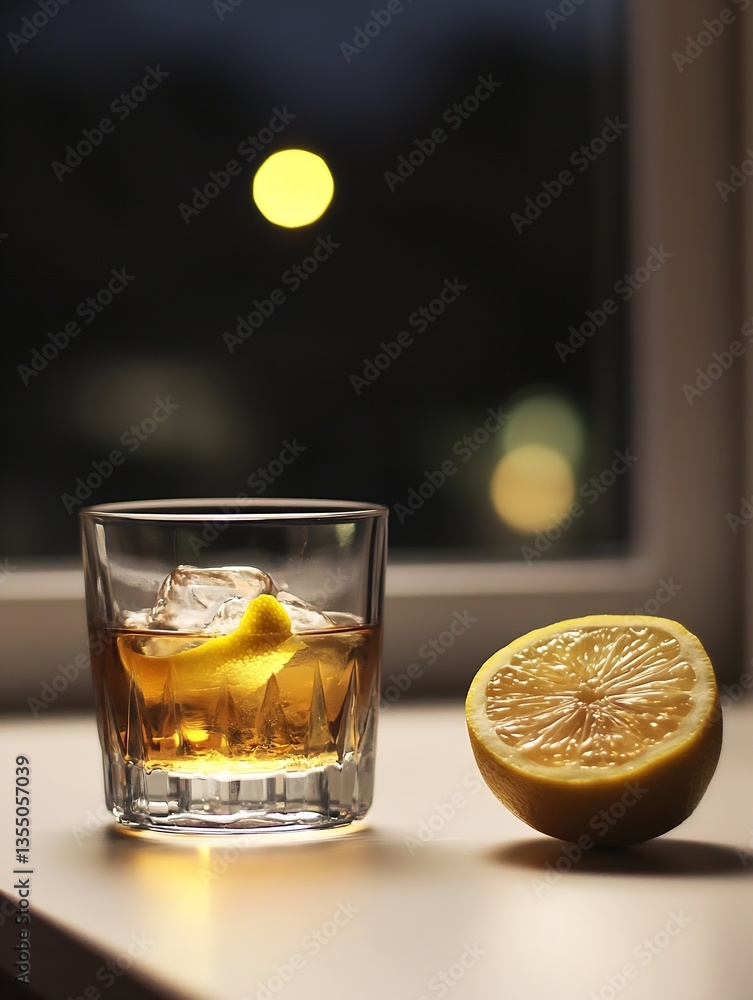 Aufkleber stylish glass of whiskey with ice and a slice of lemon on a windowsill at night : generative ai