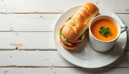 Deli sandwich with soup on white plate. Classic comfort food lunch with bread cheese and meat. Soup is a side dish. Meal presentation on a rustic table. Warm, tasty snack.