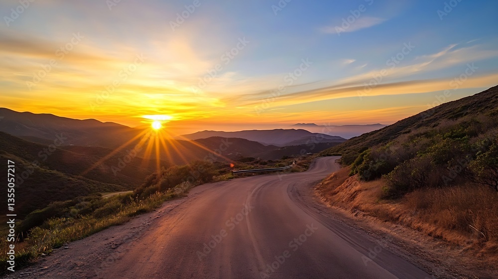 Poster breathtaking sunset view along a winding road with mountains in the background : generative ai