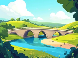 A serene landscape with a winding river, lush green hills, and a bright sun shining above