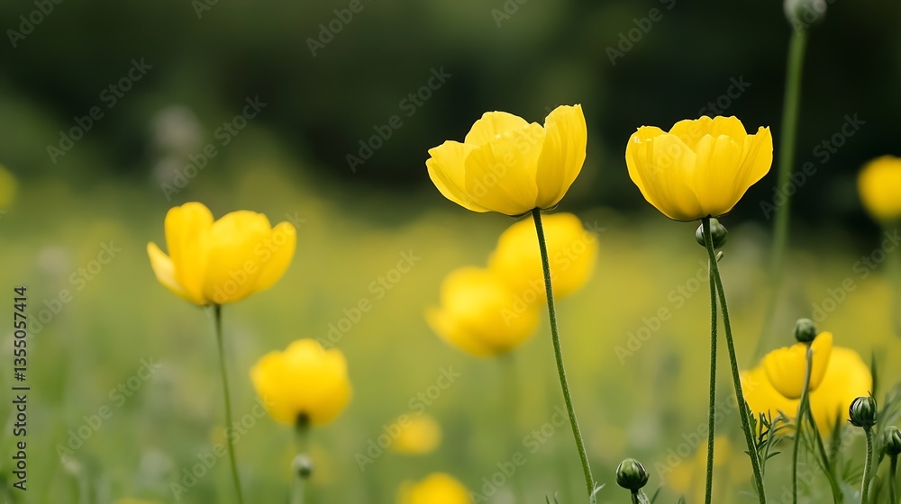 Poster bright yellow flowers blooming in a field creating a joyful and vibrant summer atmosphere : generati