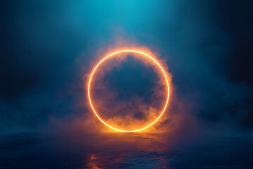 neon yellow ring shrouded in smoke or fog. dark background. glow effect. 3d rendering. gold. modern style. banner illustration