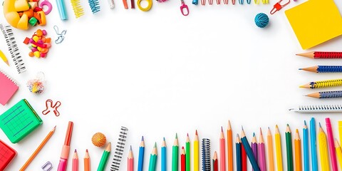 Flat lay of colorful school supplies arranged as a border on a white background, ideal for a back to school mock-up with 