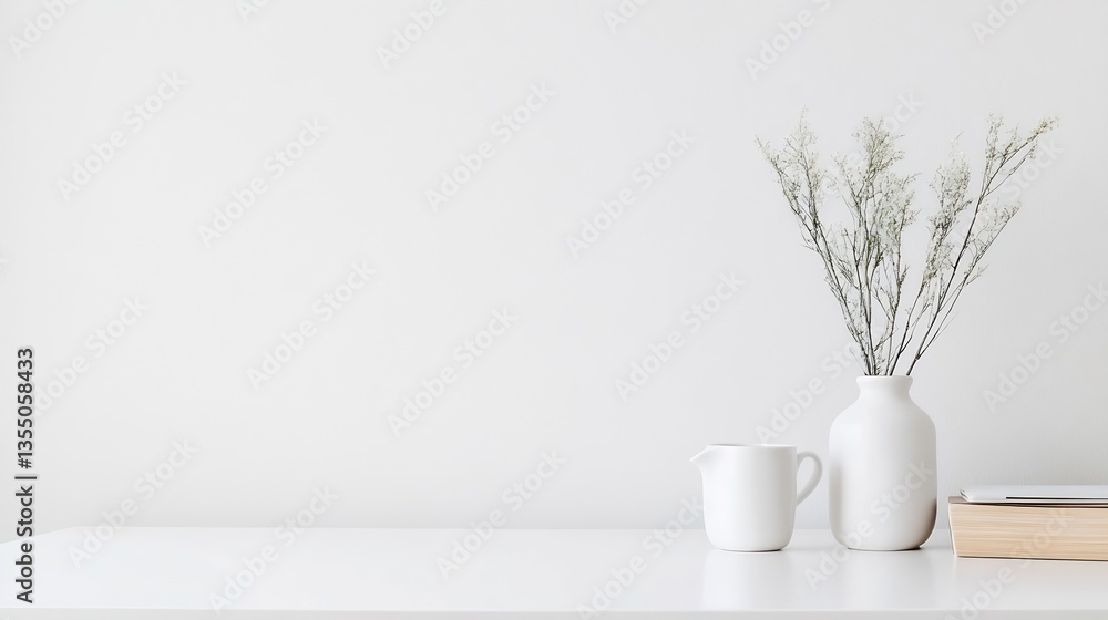 Poster Simple white vase with dried flowers on a clean white table in a minimalist interior setup : Generative AI