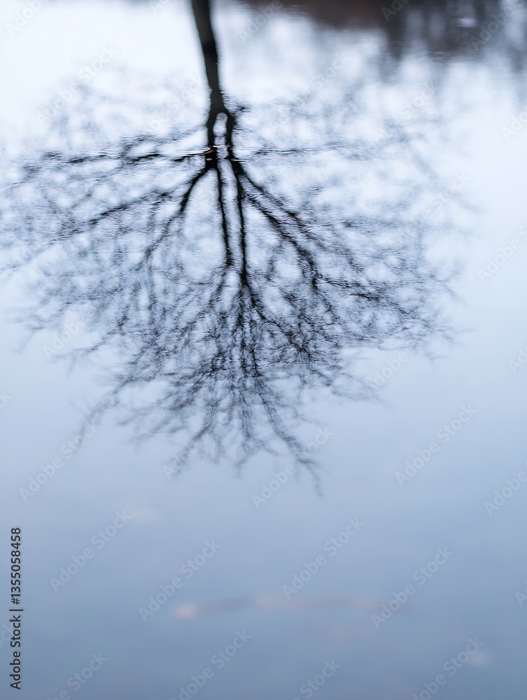Poster Artistic reflection of bare branches creating an eerie yet beautiful visual on still water : Generative AI