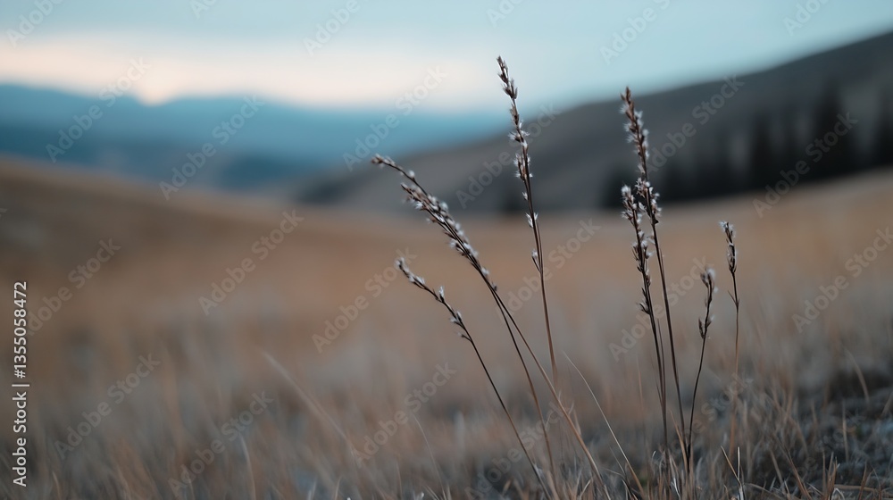 Fototapete delicate wild grasses standing tall in an open field during soft evening light : generative ai
