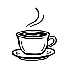 Coffee or tea pot on saucer. Hot drink with caffeine. Symbol for cafe design, coffee shop. Black and white illustration sketch