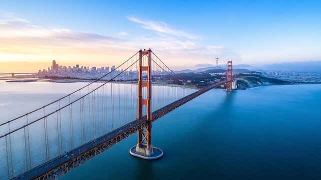 Golden Gate Bridge against a backdrop of a vibrant skyline and serene water during sunset : Generative AI