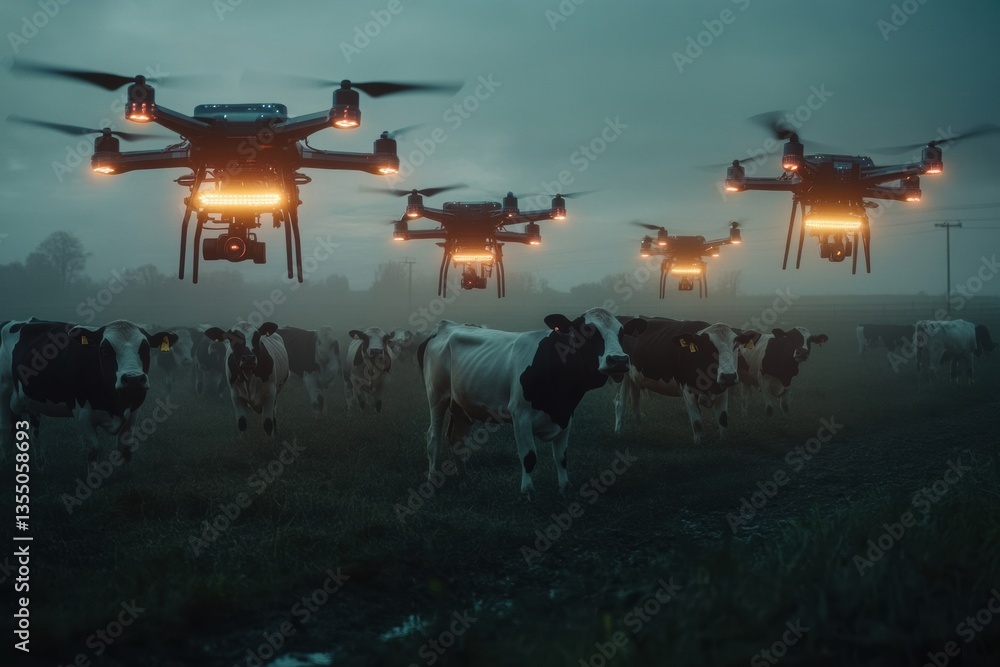 Poster Fleet of autonomous drones scanning cows with glowing sensors in a futuristic farming setting at dusk