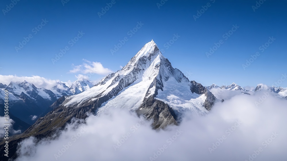 Poster breathtaking view of a majestic snowcapped mountain peak surrounded by clouds : generative ai