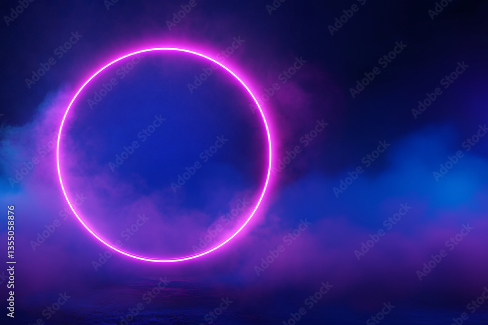 Poster neon violet ring shrouded in smoke or fog. dark background. glow effect. 3d rendering. modern style.