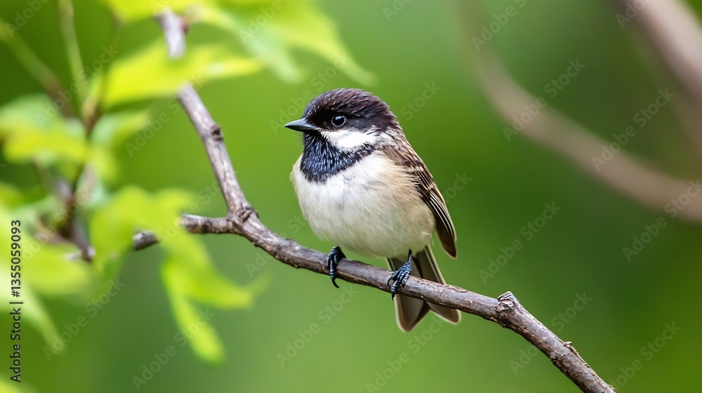Poster Beautiful sparrow perched on a branch against a lush green background in springtime : Generative AI