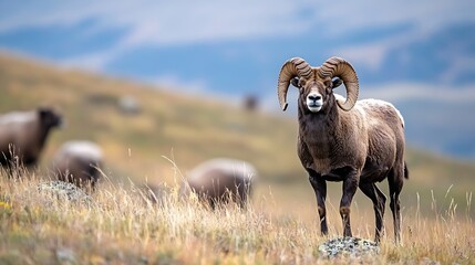Obraz premium Majestic Ram with Curved Horns Standing Proudly on a Meadow Landscape : Generative AI