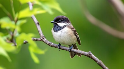 Naklejka premium Beautiful sparrow perched on a branch against a lush green background in springtime : Generative AI