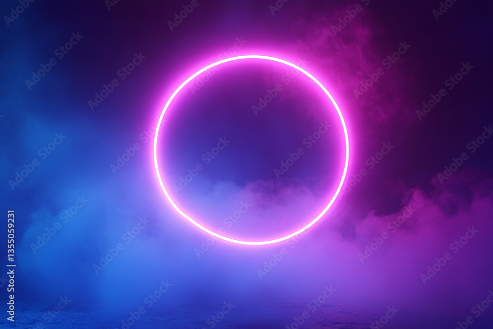Poster neon violet ring shrouded in smoke or fog. dark background. glow effect. 3d rendering. modern style.