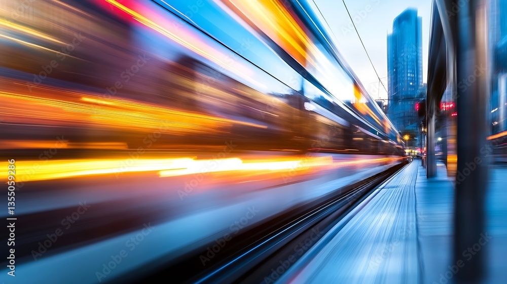 Fototapete dynamic motion blur of a speeding train passing through a cityscape at dusk : generative ai