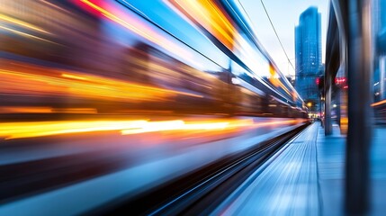 Dynamic motion blur of a speeding train passing through a cityscape at dusk : Generative AI