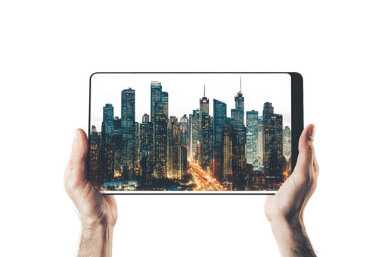 Human hand holding a digital tablet Isolated cutout on transparent or white background. - Powered by Adobe
