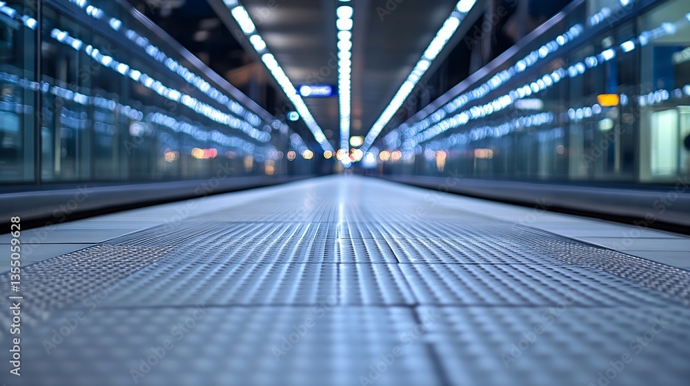 Poster Perspective view of a modern bright subway station with illuminated lights and tiled surface leading to trains : Generative AI