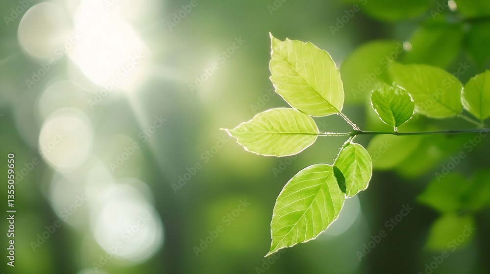 Poster Fresh green leaves illuminated by sunlight symbolizing growth and vitality in nature during spring : Generative AI