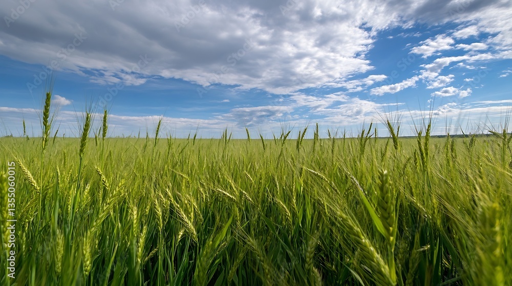 Poster lush green wheat field under a dramatic sky with fluffy clouds : generative ai