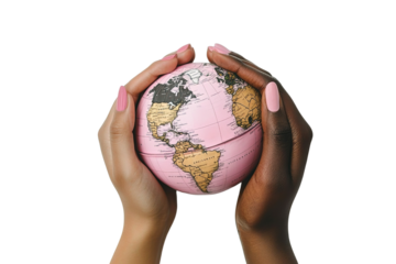 Hands holding a globe Isolated cutout on transparent or white background.
