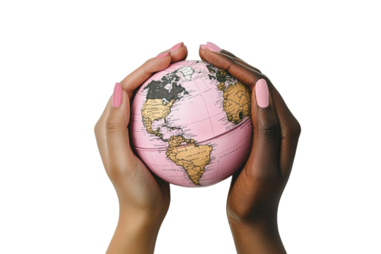 Hands holding a globe Isolated cutout on transparent or white background.
