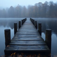 Fototapeta premium Morning mist on lake wooden dock high resolution hd image