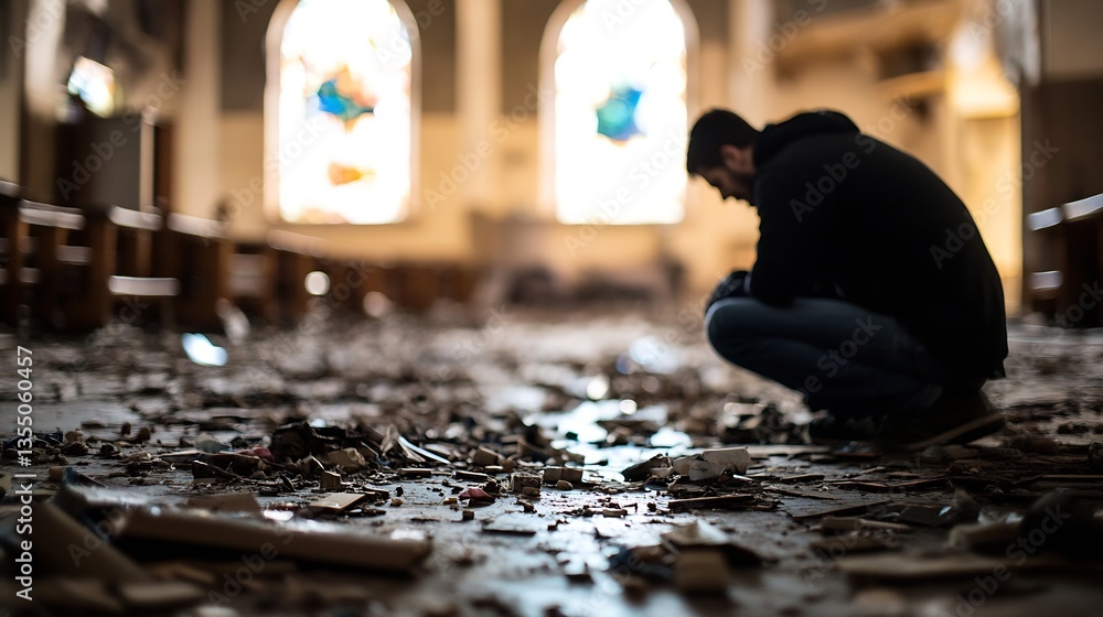 Poster melancholy figure sitting among debris in an abandoned setting with a focus on emotional depth : gen
