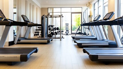 Modern fitness gym interior with exercise equipment and natural light streaming in through large windows : Generative AI