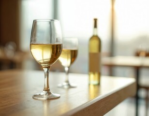 Obraz premium Wineglass with white wine on a wooden table in restaurant. Bottle of white wine stands near the glass. Celebration of event, romantic date, luxury leisure time in cafe or bar. Bokeh background.