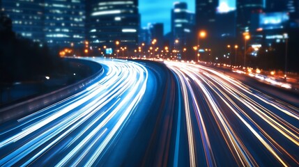 Vibrant cityscape at night showcasing light trails of cars on a busy highway with skyscrapers in the background : Generative AI