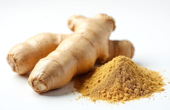 Ginger root, pile of ground ginger powder isolated on white backdrop. Culinary ingredient, spice for cooking, food flavoring, traditional medicine. Healthy organic spice for tea.