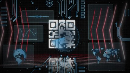 Animation of QR code with world map and data graphs in futuristic interface - Powered by Adobe