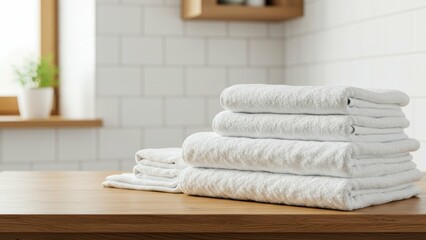 Stacked white towels on wood table in bathroom with tile wall. Clean, soft towels for spa, comfort, hygiene. Minimalist setting promotes wellness and organization.