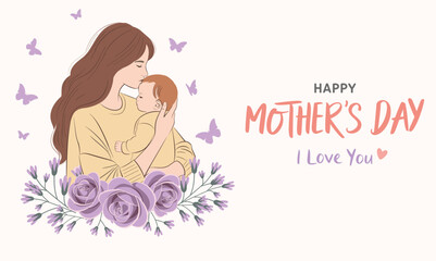 Happy Mother's Day vector illustration with a loving mother holding her baby, soft pastel colors, elegant flowers, and butterflies. Perfect for greeting cards, posters, invitations, and decorations