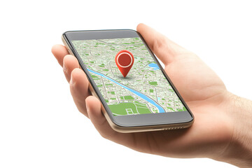 Hand holding smart phone with gps Isolated cutout on transparent or white background.