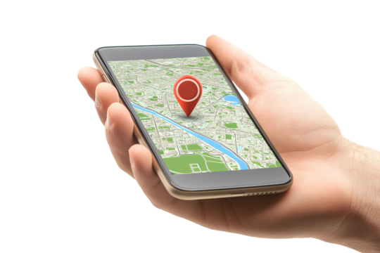 Hand holding smart phone with gps Isolated cutout on transparent or white background.