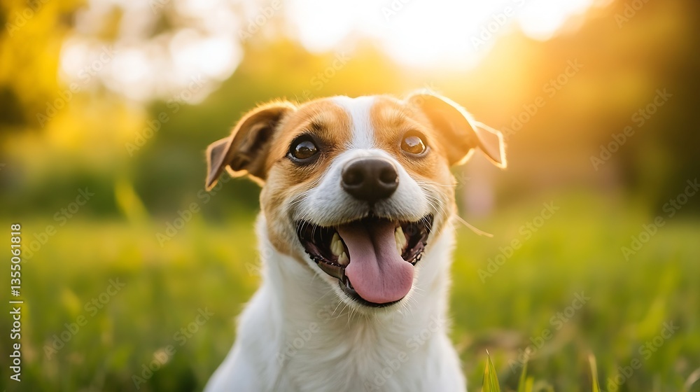 Poster happy dog smiling in a sunlit field during a beautiful sunset hour : generative ai
